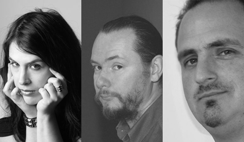 Rhianna Pratchett, James Swallow, and Ed Stern, all noticing something to the left.